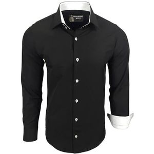 Subliminal Mode: Gemakkelijk te strijken herenoverhemd, met tweekleurige kraag, effen, lange mouwen, smalle pasvorm, zakelijk, cadeau-idee, Kerstmis, valentijnsdag, RN44, zwart., M