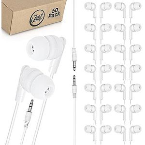 JustJamz Basic Pearl White Headphones Disposable Earbuds Earphones for Kids and Adults, 50 Pack