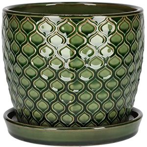 Kotarbau Bloempot, sierpot, keramisch, vintage, diameter 17 cm, met lekbak, visschubbenpatroon, groen