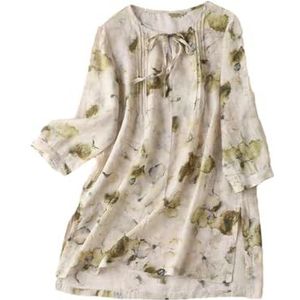 Dvbfufv Dames vintage losse vetersluiting bloemen T-shirts dames elegant katoen linnen 3/4 mouw shirt tops, Geel En8, XL