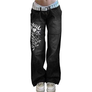 Women's Wide Straight Leg Printed Jeans Punk Grunge Baggy Broek Goth Esthetische Broek Y2k Streetwear met Zakken (Color : Black, Size : L)