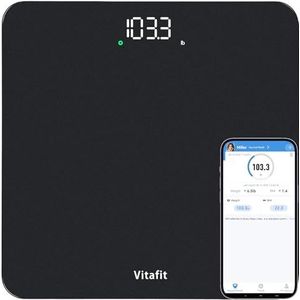 Vitafit Digitale personenweegschaal, hoge precisie, gegarandeerd door professioneel wegen vanaf 2001, BMI gewichtsweegschaal met app, 182 kg in 0,05 kg, spray zilver/zwart