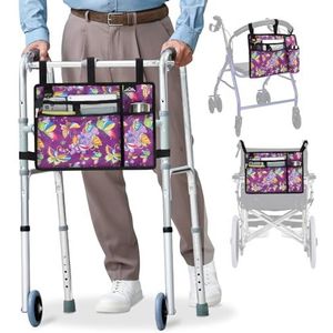 supregear Accessoires Tas voor Rollator, Rolstoel, Walker - Walker Mand Tas met Bekerhouder - Senioren Caddy Bevestiging Zak voor Rollators, Waterbestendig Grote Capaciteit Draagtas (Purper vlinder)