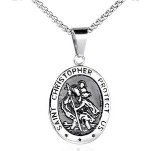 Vintage zilveren kleur ronde Saint Christopher hanger ketting voor mannen jongen roestvrij staal ketting 24 inch mannelijke sieraden