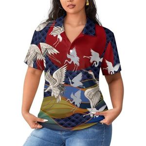 Rode zon Japanse vliegende kraan dames poloshirts met korte mouwen casual T-shirts met kraag golfshirts sport blouses tops 4XL