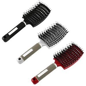 DUGEGAYL 3 stuks Haarborstels, Zachte Massage-haarkam, Zwijnenhaar-peddel-haarborstel Voor Vrouwen, Voor Lang Dik Krullend Haar, Verminderen Van Haarbreuk En Kroezen(Zwart,Wit,Rood)