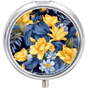 Blauwe basis gele bloemen pillendoos 3 compartimenten ronde pillendoos met spiegel metalen pillenorganizer reizen pillendoos mini medicijnopbergdoos voor zak portemonnee