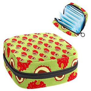 Maandverband Opbergtas,Draagbare maandverband Opbergzak,Lychee vruchten patroon groene achtergrond, Meerkleurig, 4.7x6.6x6.6 in/12x17x17 cm