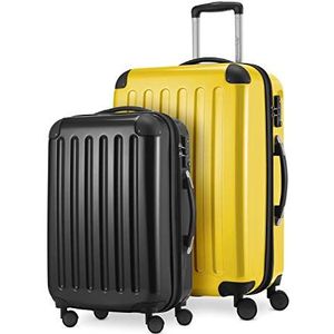 HAUPTSTADTKOFFER - Alex - 2-delige kofferset harde schaal glanzend, middelgrote koffer 65 cm + handbagage 55 cm, 74 + 42 liter, TSA, geel/zwart, 65 cm, Kofferset