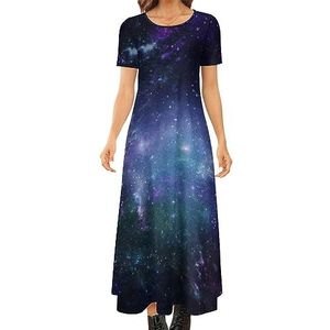 Blauw Paars Galaxy vrouwen Zomer Casual Korte Mouw Maxi Jurk Ronde Hals Gedrukt Lange Jurken L