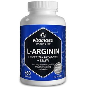L-Arginine Capsules, 360 Capsules met Vital-Formule B6, B12, Folzuur, Selen en Piperine, voor 3 Maanden, Supplement zonder Additieven, Made in Germany