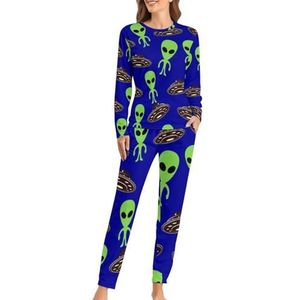 Groene UFO Aliens Zachte Dames Pyjama Lange Mouw Warm Fit Pyjama Loungewear Sets met Zakken 4XL
