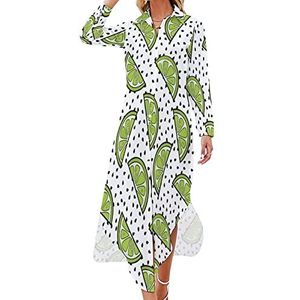 Lime Seed Maxi-jurk voor dames, lange mouwen, knoopjurk, casual feestjurk, lange jurk, XL
