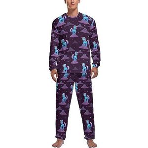 Kleine cartoon blauwe eenhoorn zachte heren pyjama set comfortabele loungewear top en broek met lange mouwen geschenken XL