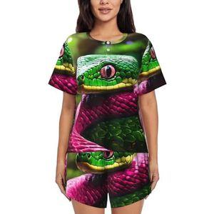 Groene slangenprint dames zomer zachte tweedelige bijpassende outfits korte mouw pyjama lounge pyjama sets, Zwart, L