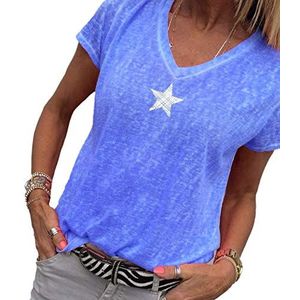 Dames zomer effen kleur korte mouw T-shirt V-hals vijfpuntige ster print korte mouw top casual eenvoudige grafische T-shirts basic dieptepunt shirt, Saffier, XL