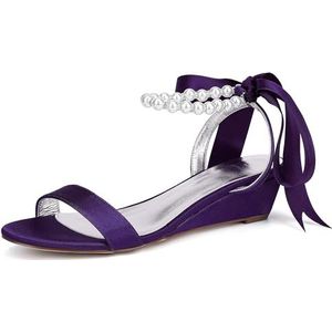 KYEGLO Satijnen Bruidsschoenen Met Ronde Neus En Open Teen Met Parelriempje Om De Enkel - Zomerkleding & Bruidsschoenen,Dark purple,36