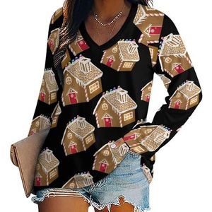 Gingerbread House T-shirts voor dames, lange mouwen, V-hals, herfst, tops, trui, tuniek, T-shirt voor leggings