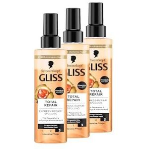 Gliss Total Repair Express-Repair Conditioner, 3 x 200 ml, haarspoeling zorgt voor onmiddellijke kambaarheid en bescherming tegen haarbreuk, verzorgende spoeling met hittebescherming tot 230 °C