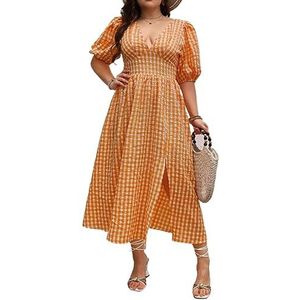 voor vrouwen jurk Plus gingang-print pofmouwen split dij jurk (Color : Burnt Orange, Size : 3XL)