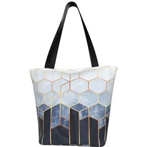 Schoudertas, canvas draagtas grote tas vrouwen casual handtas herbruikbare boodschappentassen, blauw goud geometrisch ontwerp, zoals afgebeeld, Eén maat