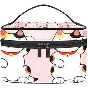 Leuke Japan Lucky Cats Kitty roze achtergrond make-up organizer tas, reizen make-up tas organizer case draagbare cosmetische tas voor vrouwen en meisjes toiletartikelen, Meerkleurig, 22.5x15x13.8cm/8.9x5.9x5.4in