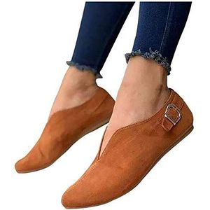 GeRRiT Zwarte enkele schoenen Puntschoen Zomerflock Casual instappers Platte damesschoenen Casual wandelschoenen for dames Wollen casual schoenen Dames Zwarte enkele schoenen (Color : Brown, Size :