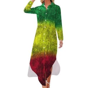 Rood Geel Groen Rasta Vlag Lange Mouw Maxi Shirt Jurken Voor Vrouwen Casual V-hals Knop Blouses XL