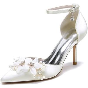 GHSIRUEU Vrouwen Wit Hoge Hakken Sandalen Gesloten Teen Parels Rhinestone Hakken Enkelband Pompen Wedding Bridal Party Dress Schoenen,ivoor,35 EU