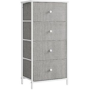 Songmics LTS314L10 Commode, opbergkast met 4 stoffen laden, metalen frame, hoog en smal, duifgrijs-crèmewit
