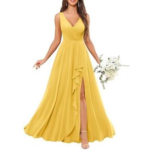 Chiffon baljurken voor dames, mouwloos, bruidsmeisjesjurken voor bruiloft, cocktailjurk, grote maten, Mosterd Geel, 32