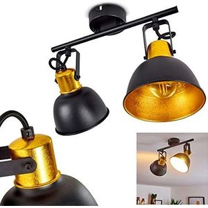 Plafondlamp Borik, metalen plafondlamp in zwart/goud, 2 lampen, met verstelbare spots, 2 x E14-fitting, spot in retro/vintage design, zonder gloeilampen