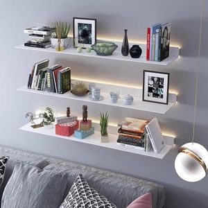 Zwevende Wandplanken, LED-Strip Muur Hangende Planken Opknoping Plant Shelf Decor Rustieke Afwerking Muur Planken Voor Badkamer Woonkamer Slaapkamer Keuken (Color : Bianco, Size : 90x20x6.8cm)