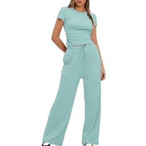 Women's 2 Piece Short Sleeve Tracksuit for Women UK Soft Stretch Loungewear Set Plus Size Wide Leg Trousers High Waist Yoga Outfits Ladies Casual Jogger Set Gym Clearance