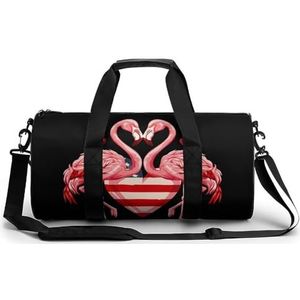 Flamingo Amerikaanse Hart Vlag Reizen Sport Cilindrische Gym Tas Workout Tote Duffel Handtas Met Schouderriem Voor Mannen Vrouwen