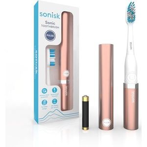 Sonisk Pulse | Elektrische tandenborstel op batterijen | Draagbaar reisformaat met antimicrobiële sonische technologie | 1x batterij, 2x opzetborstels, 1x reiskoffer inbegrepen (roségoud)