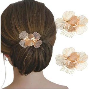 Lnwwrv Bloemen Bruid Haar Kam - Gespleten Tanden Metalen Insteekkam, Specifieke Bruiloft Styling Accessoires voor Vrouwen en Meisjes,Goud