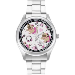 Mooie Mopshond in Roze Rok Heren Roestvrij Stalen Horloges Quartz Polshorloge Gemakkelijk te Lezen Custom Gift voor Papa Vriend