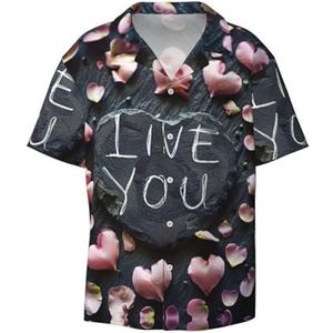 I Love You Words with Hearts Print Heren Jurk Shirts Casual Button Down Korte Mouw Zomer Strand Shirt Vakantie Shirts, Zwart, XL