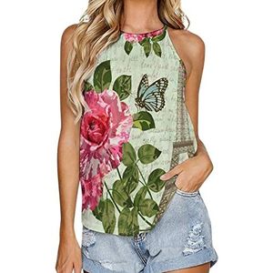 Vintage Parijs Bloem En Eiffeltoren Ansichtkaart Vrouwen Tank Top Zomer Mouwloze T-shirts Halter Casual Vest Blouse Print Tee 3XL