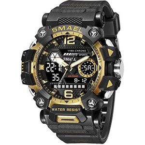 SMAEL Nieuwe Sport Horloges Analoge Digitale Dual Display Polshorloge, 5atm Waterdichte Grote Gezicht Dial Militaire Horloges, Led Backlight Horloge, Zwart Goud
