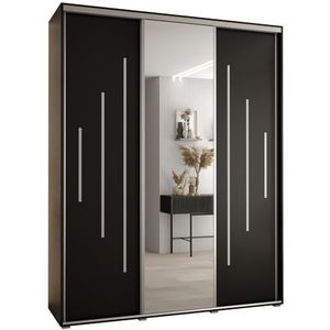 MEBLE KRYSPOL Davos 13 190 Kledingkast met drie schuifdeuren voor slaapkamer - Moderne Kledingkast met spiegel, kledingroede en planken - 235,2x190x45 cm - Zwart Zwart Zilver