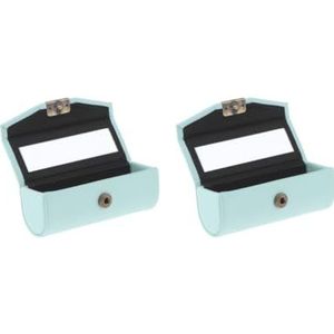 Lederen Lipstick Case Houder Opbergdoos Spiegel Portemonnee Pocket Lichtblauw Groen, 2 Set (Lichtblauw Groen), 9 CM, als beschrijving