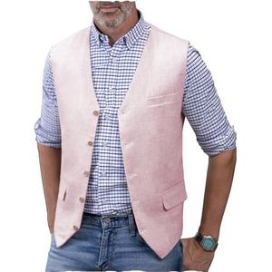 AeoTeokey Linnen vest voor heren, zomerpak, vest, V-hals, lichtgewicht, casual vest, normale pasvorm, roze, 3XL