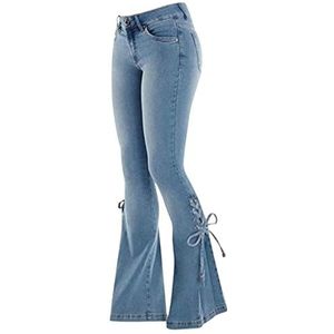 HaicoM Womens Denim Ruches Volledige Lengte Broek Jeans Lace-Up Bottom Stripping Broek voor Vrouwen Mid-Taille Stretch Broek Uitlopende Bootleg Bell Dagelijks Bodem Jeans Slim Fit Damesbroek,