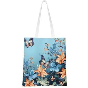 GFLFMXZW Blauwe vlinder bloemenprint canvas draagtas herbruikbare boodschappentas esthetische handtas schoudertas voor vrouwen meisjes, zwart, één maat, Zwart, One Size