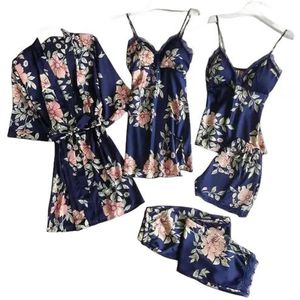 MdybF Badjas, kant, patchwork, 5 stuks, nachtkleding, nachtjapon, kimono, badjas, satijn, dame, nachtkleding, kleding, witte bruiloftsgewaad, Blauwe badjas Set 3, L