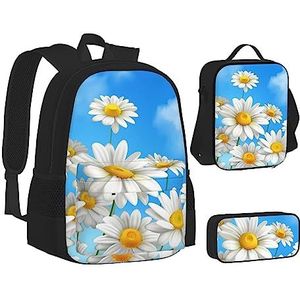 TOMPPY Lente madeliefje bloemen bedrukte boeken tas met lunchtas en etui voor elementair, 3 stuks rugzak sets, Zwart, Eén maat, Schooltas Set