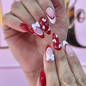 24 stuks korte kunstnagels - nepnagels met lijm - plaknagels in 12 maten - volledig dekkende acryl kunstnageltips for vrouwen en meisjes. Nail Art(Red White)