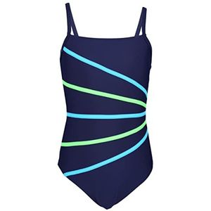 Aquarti Meisjes Badpak met Spaghettibandjes en Strepen, Donkerblauw/Strepen Neongroen/Lichtblauw, 140